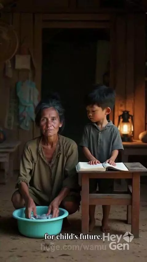 Mother washes clothes while her son studies, sunlight streaming through the window.