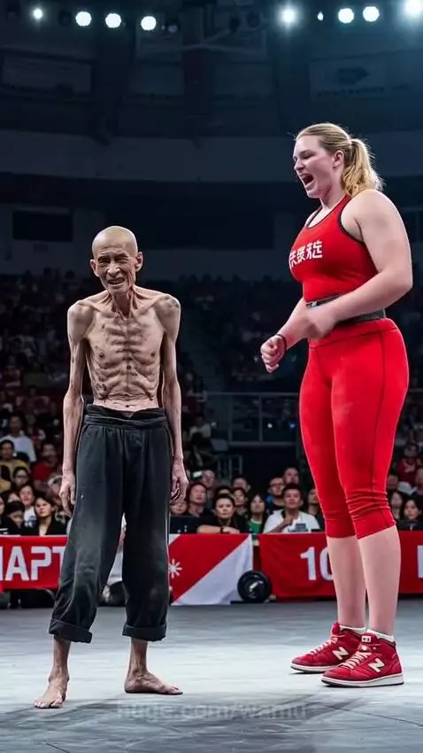 Elderly man in black performs a high jump and backflip over a woman in a wrestling singlet.