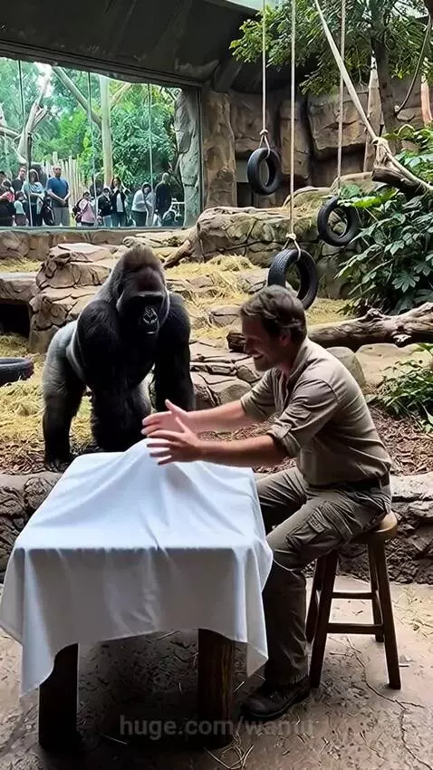 Man performs a magic trick, making a watermelon disappear from a table in front of a surprised gorilla at the zoo.