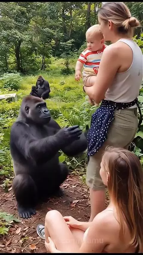 A silverback gorilla carefully holds a baby in its arms while a woman gently strokes the baby's head.