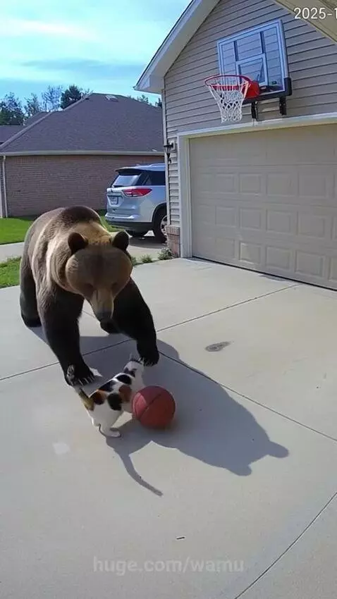 A large brown bear stands on its hind legs, pulling down a basketball hoop, causing it to shatter.