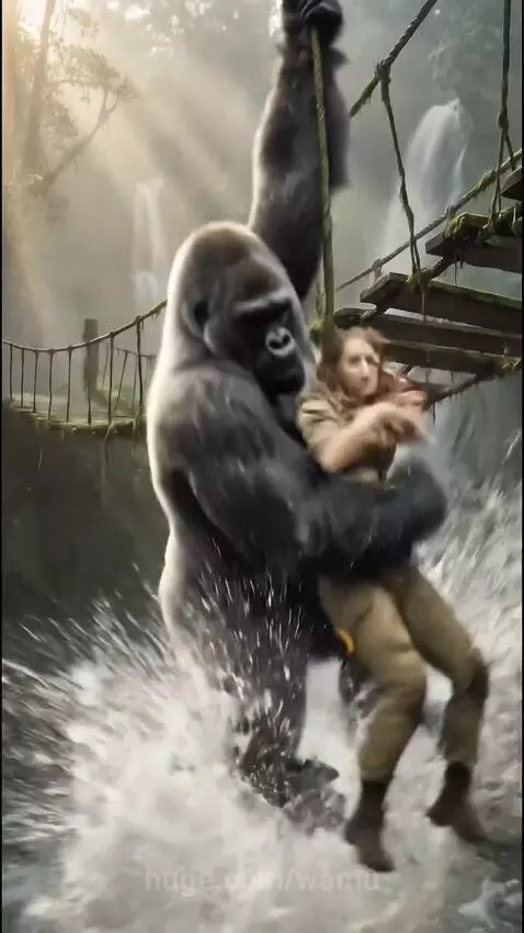 Silverback gorilla swinging in to save a woman hanging from a broken rope bridge over a river.