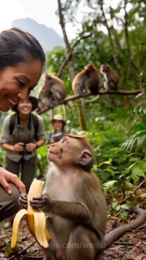 Woman crouching in a forest offering a banana to a small monkey eating it, with people observing and a waterfall in the background.