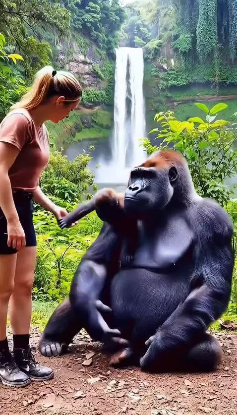 Adult gorilla hugging a woman and a baby gorilla on its back, with a waterfall in the background.