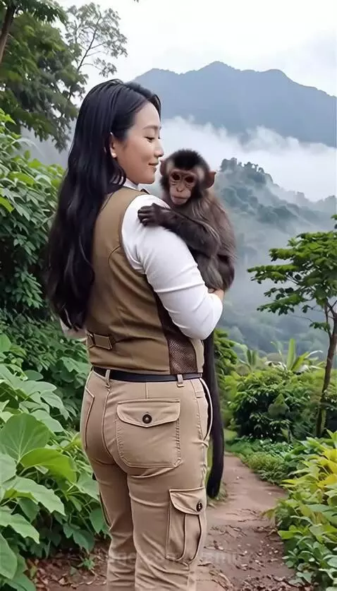 Woman with long dark hair holding a small monkey, kissing its head, with misty mountains in the background.