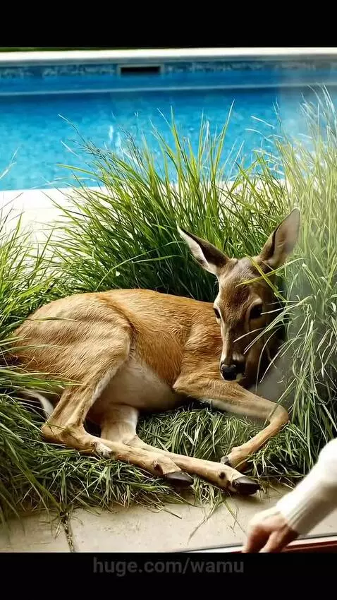 Woman gently tending to an injured deer lying in the grass near a swimming pool.