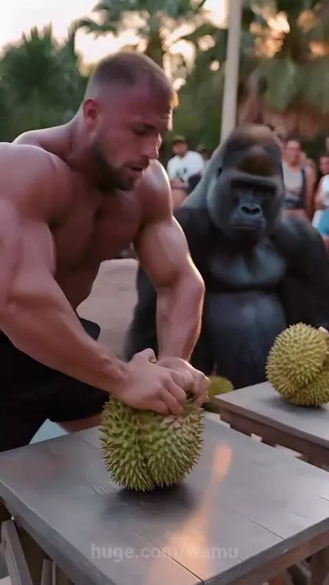 Shirtless man struggling to open a spiky durian fruit next to a gorilla that easily smashes one open.