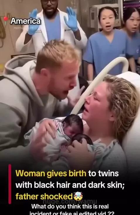 Shocked father looks at newborn twins with dark skin and black hair in a hospital room.