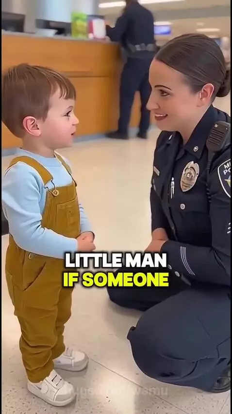 A young boy in overalls smiles while asking a kneeling female police officer a question, with another officer in the background.
