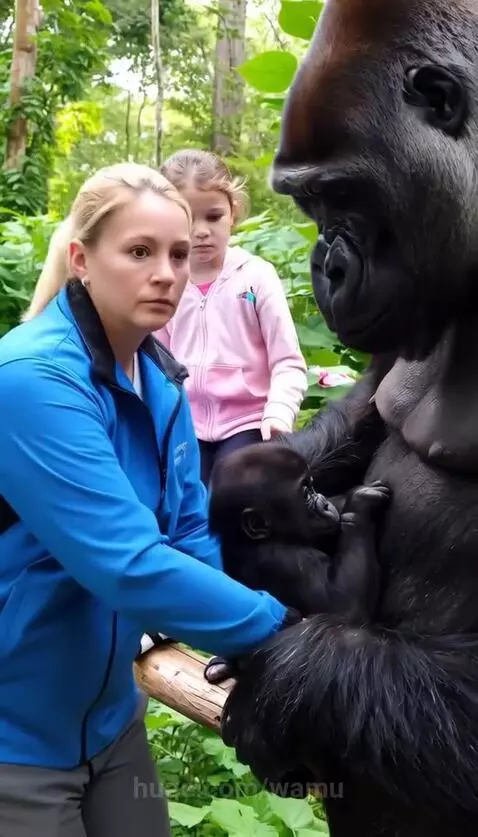 Woman holding a baby gorilla, with a young girl watching and reacting with surprise and laughter.