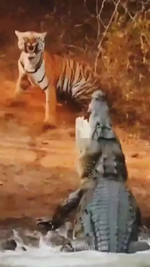 A tiger grappling with a crocodile on a muddy riverbank after an ambush.