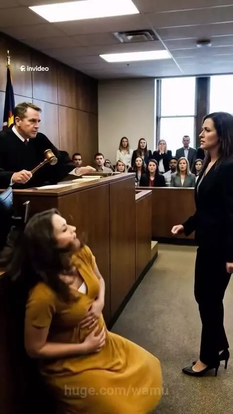 A judge jumping over a bench to hit a woman in a black suit with his gavel, after she kicked a pregnant woman.
