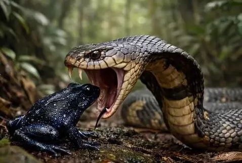 A snake with its mouth open, attempting to swallow a small blue poison dart frog in a jungle setting.