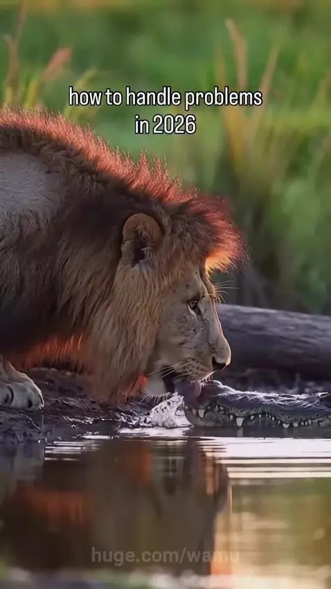 Majestic lion with glowing mane drinking water at sunset, startled by a crocodile emerging from the water.