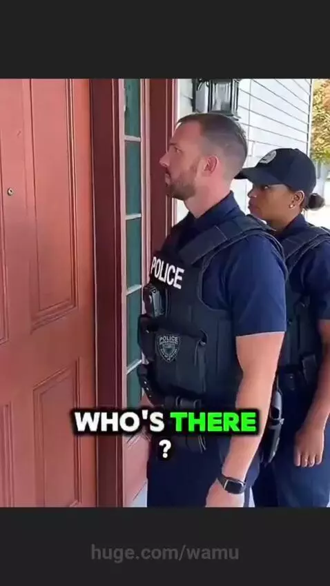 Green parrot with yellow and blue head, red wing patches, perched on a stick, talking to two police officers at a door.