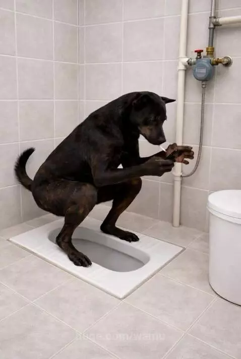 Black dog on toilet with phone, brown dog paws at bathroom door handle.