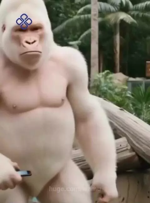 Albino gorilla in zoo enclosure performing rhythmic chest-thumping and foot-stomping dance moves.