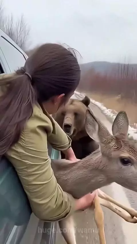 Woman reaching out of a car window to rescue a small deer from a chasing brown bear on a snowy road.