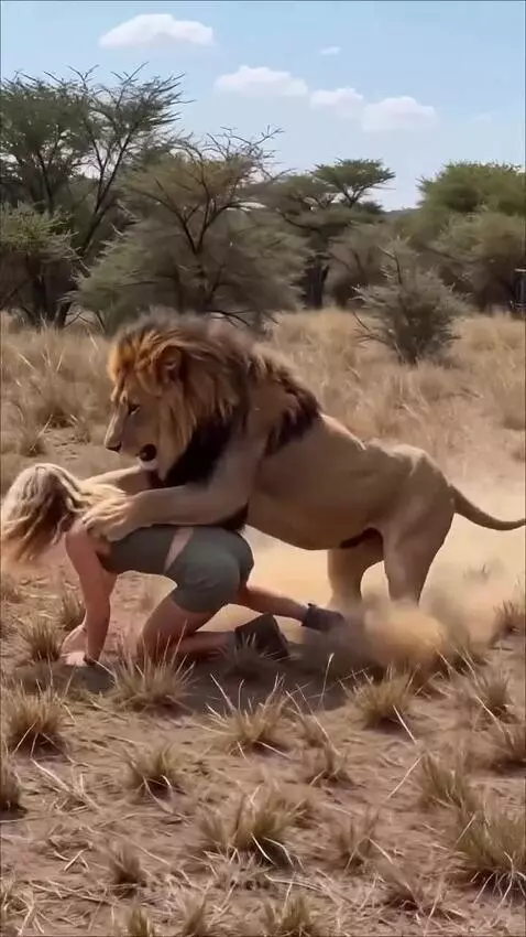 A blonde woman in a green tank top is playfully tackled by a large male lion with a full mane in a grassy field.
