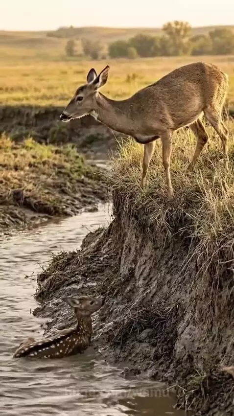 Elephant gently lifting a fawn out of a muddy stream bank with its trunk.