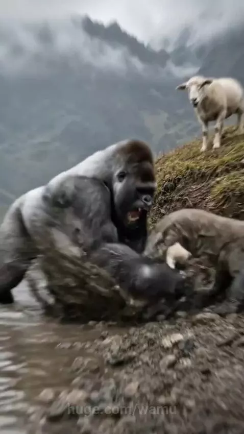 Gorilla holding a baby lamb after rescuing it from a Komodo dragon.