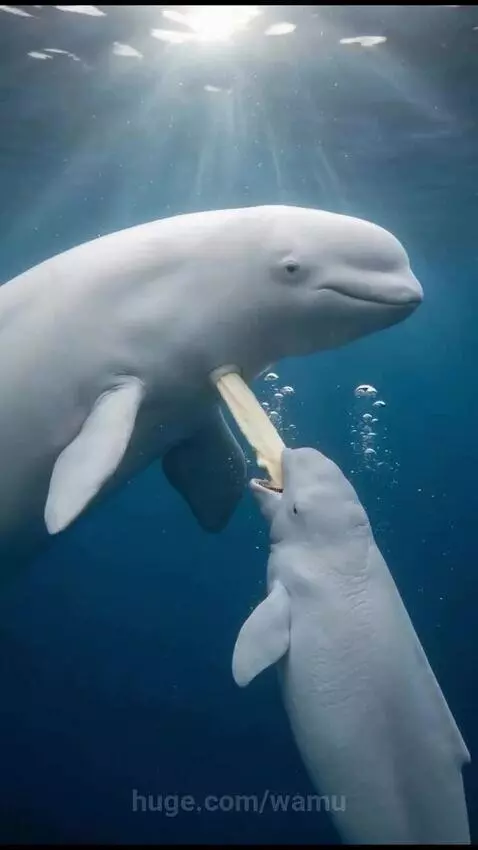 Beluga whale mother nursing her calf underwater, with a visible stream of milk.