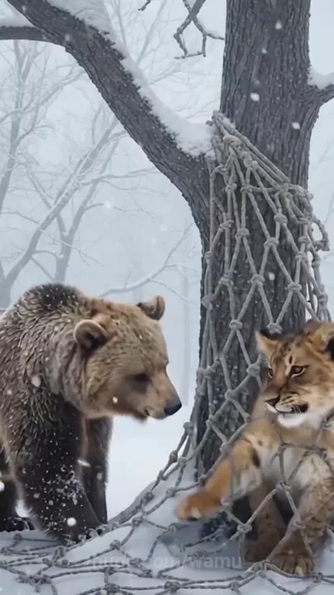 Brown bear gently freeing a small lion cub from a net in a snowy forest.