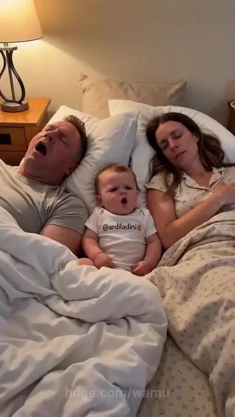 Baby lying in bed between parents, looking at mom with a funny expression while dad snores loudly.