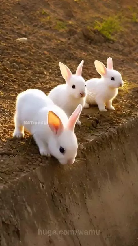 A white goat carrying three baby rabbits across a concrete ditch.
