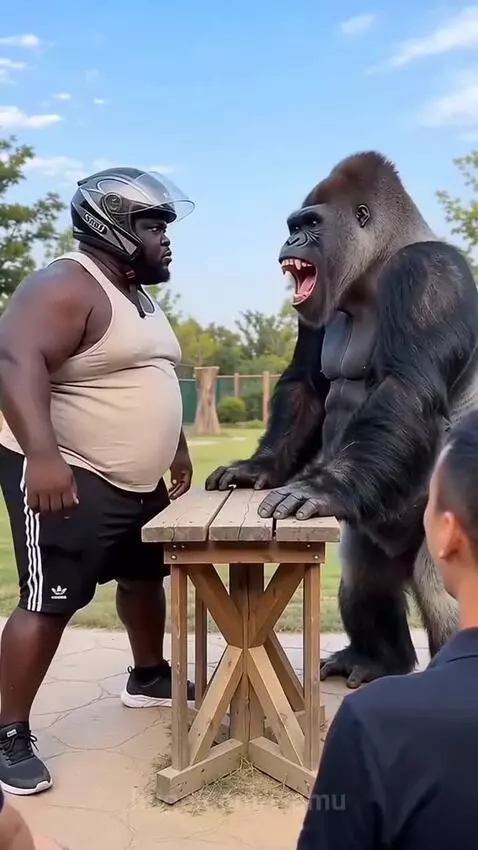 Man in helmet facing a gorilla, gorilla removes helmet and smashes it, man falls in shock.