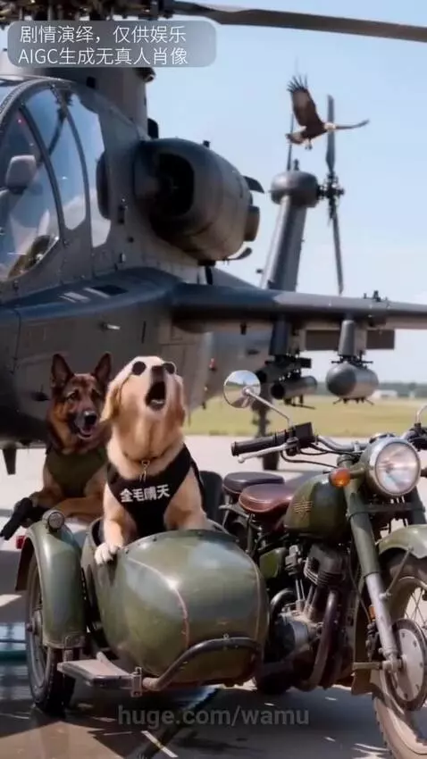 Golden retriever in a helicopter preparing to shoot an arrow at an eagle to rescue a puppy.