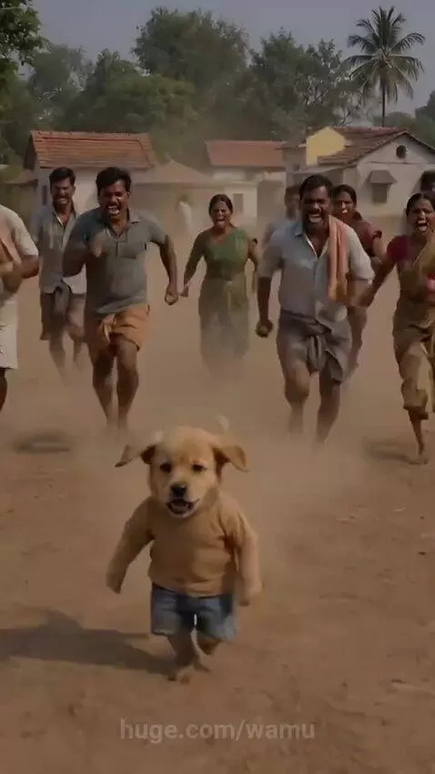 Puppy in clothes tied to a pole, with villagers looking on in shock.