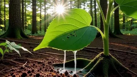 Close-up of a wet green leaf with sunlight filtering through trees and water dripping onto dark soil.