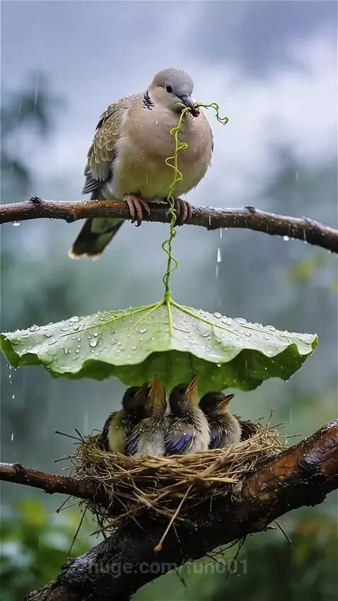 Bird on a branch holding a leaf over its nest to shield four small chicks from the rain.