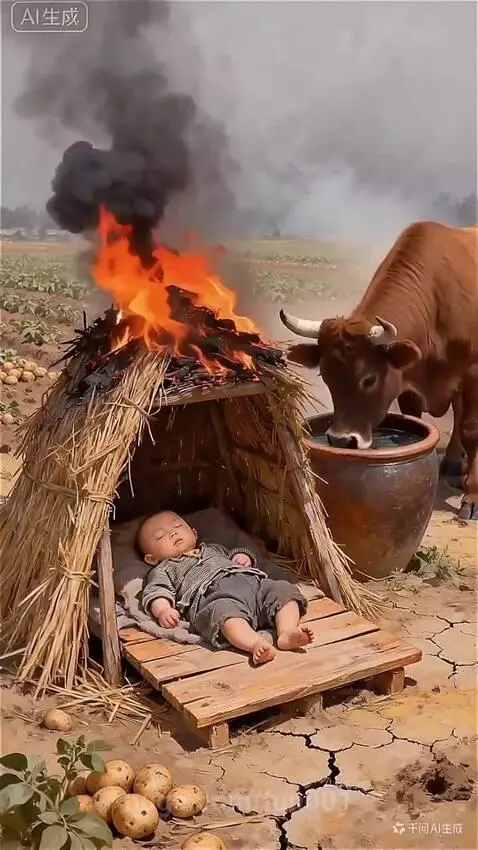 A brown cow sprays water from its mouth to put out a fire on a small hut where a baby is sleeping.