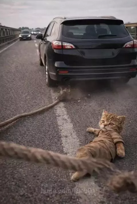 Anthropomorphic cat holding a red flag on a bridge, moments before it cracks and collapses.