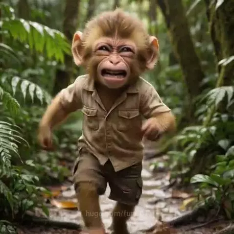 A monkey carefully carrying a baby monkey wrapped in cloth through a river.