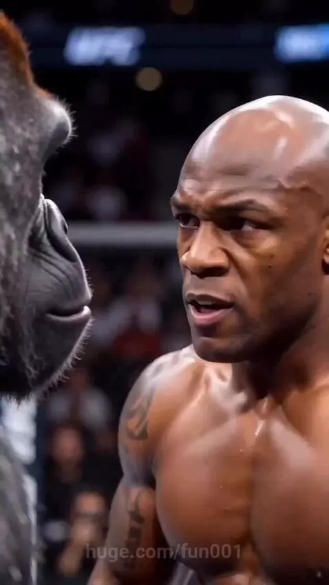 Muscular man fighting a gorilla in a UFC octagon, gorilla lands a knockout punch.