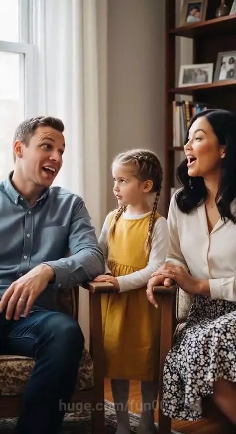 A young daughter stands between her parents in a living room, playfully asking who the boss is.