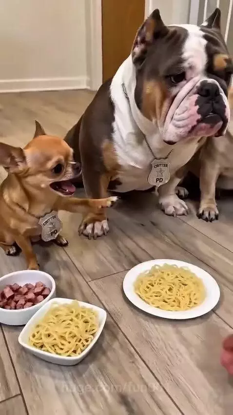 A chihuahua dog crying dramatically with visible tears while a pug and bulldog sit calmly with food.