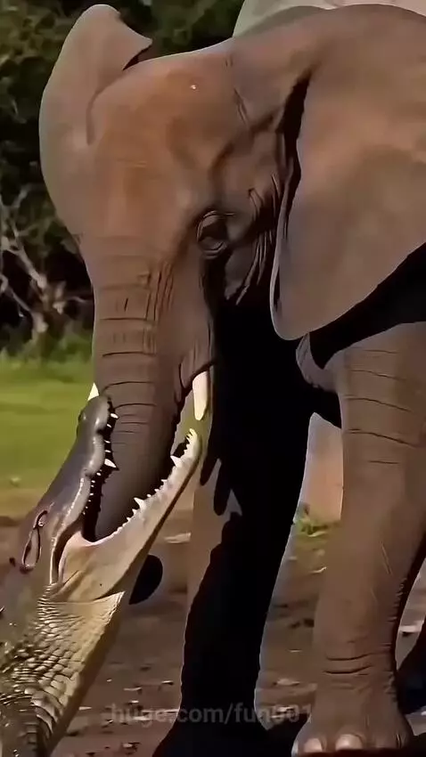 An elephant standing over a crocodile it has pinned to the ground with its foot.
