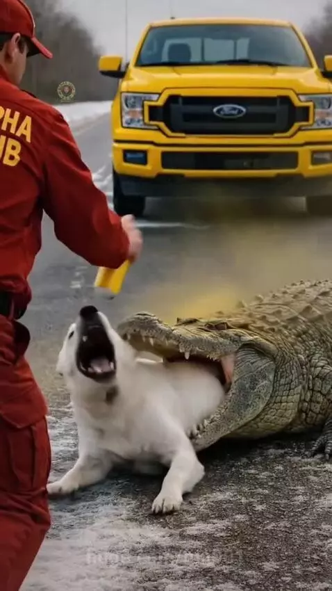 Man in red uniform with 'ALPHA CLUB' sprays alligator attacking a dog on a snowy road, then hits it with a bat.