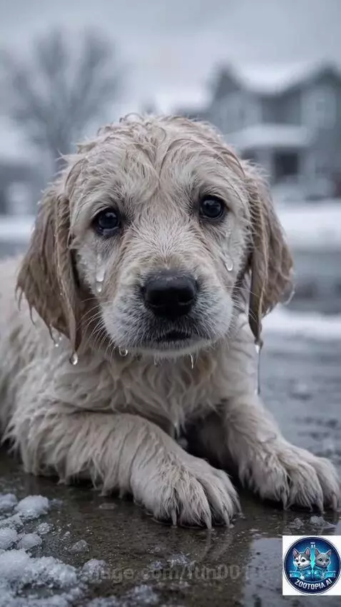 Golden retriever puppy whimpering in snow after being doused with ice water, with a woman holding a baseball bat near a damaged car.