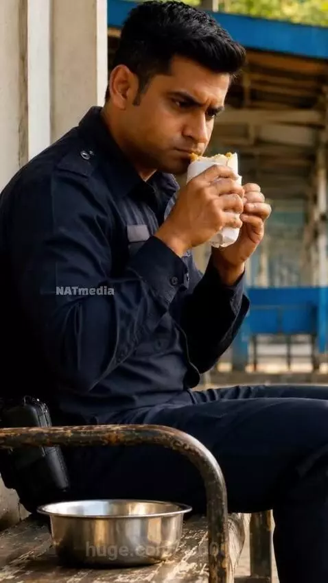Police officer sitting on a bench, feeding a stray dog and its puppies kibble from a bag.