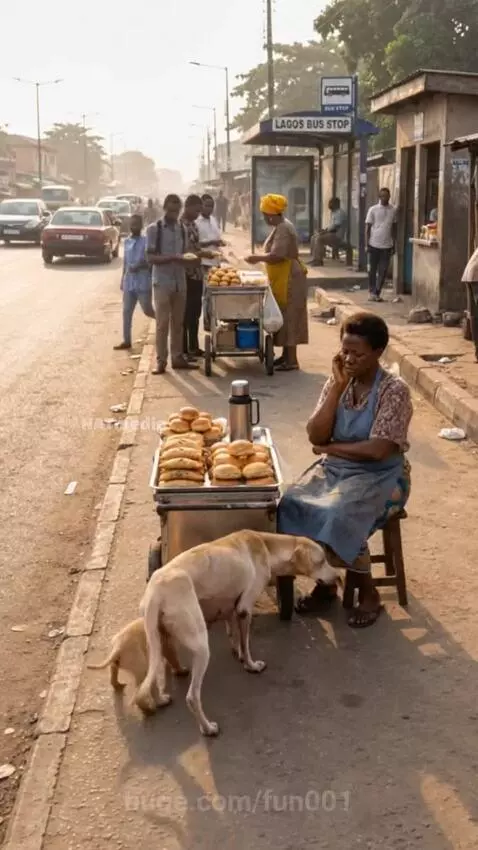 Food cart owner sharing food with a dog and puppy, showing kindness.