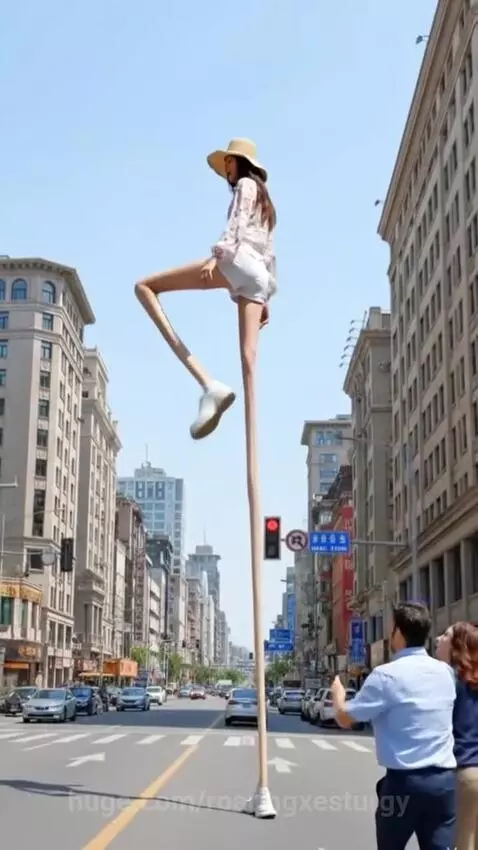 A woman with giant legs walks down a city street, surprising people who are taking pictures and running away.