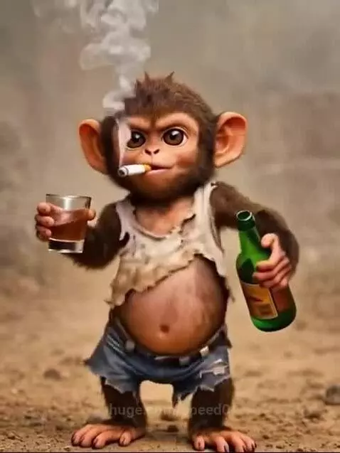3D animated baby monkey with brown fur, wearing torn clothes, smoking a cigarette and holding a drink.