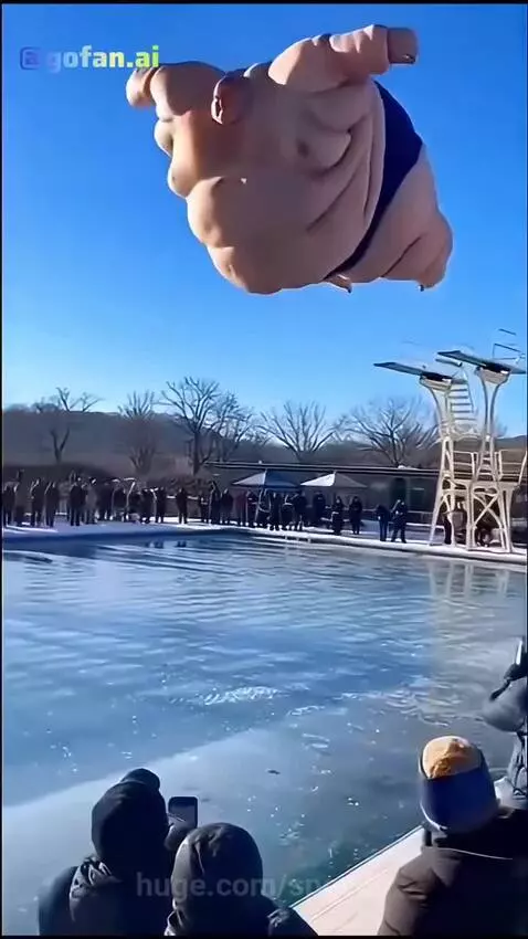 Extremely obese figure on a diving board above a frozen pool, about to dive.