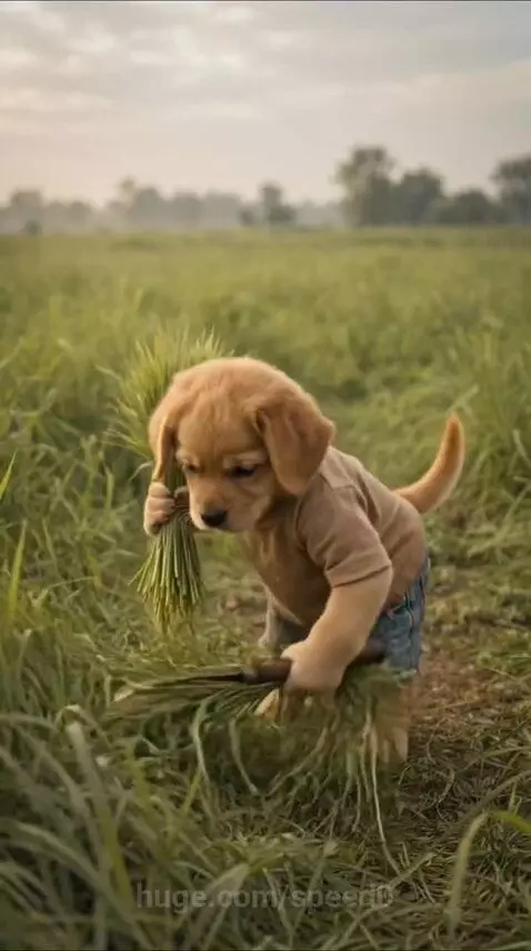 A puppy and a cow depicted as best friends, showing their strong bond and mutual care.