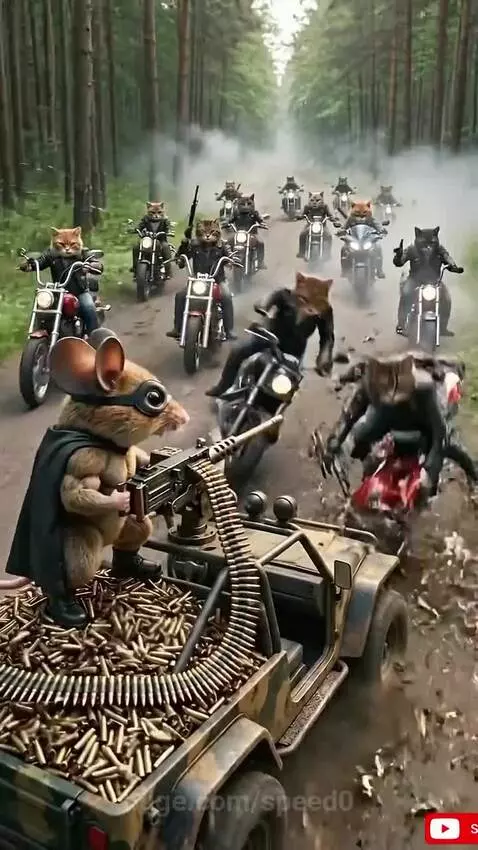 Anthropomorphic mouse in cape and goggles firing a mounted machine gun from a jeep during a battle with cats on motorcycles.